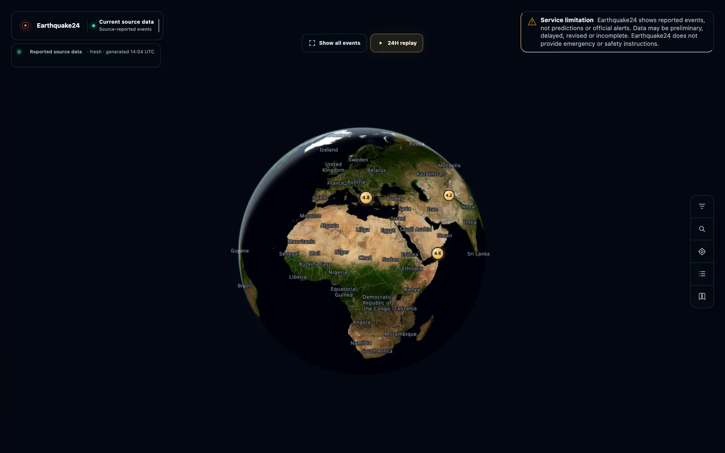Captura de Earthquake24 con actividad sísmica reportada sobre un globo