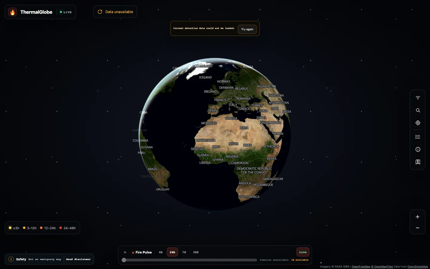 Captura de ThermalGlobe con su mapa satelital interactivo sobre un globo