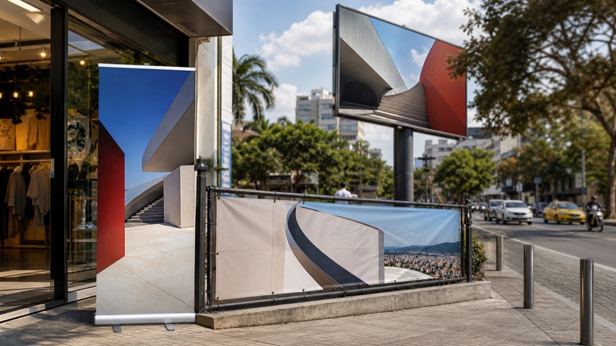 Pendones, banners y vallas comparados en una activación comercial