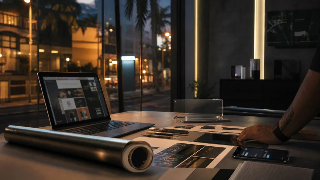 Mesa con muestras impresas y una pantalla de trabajo digital