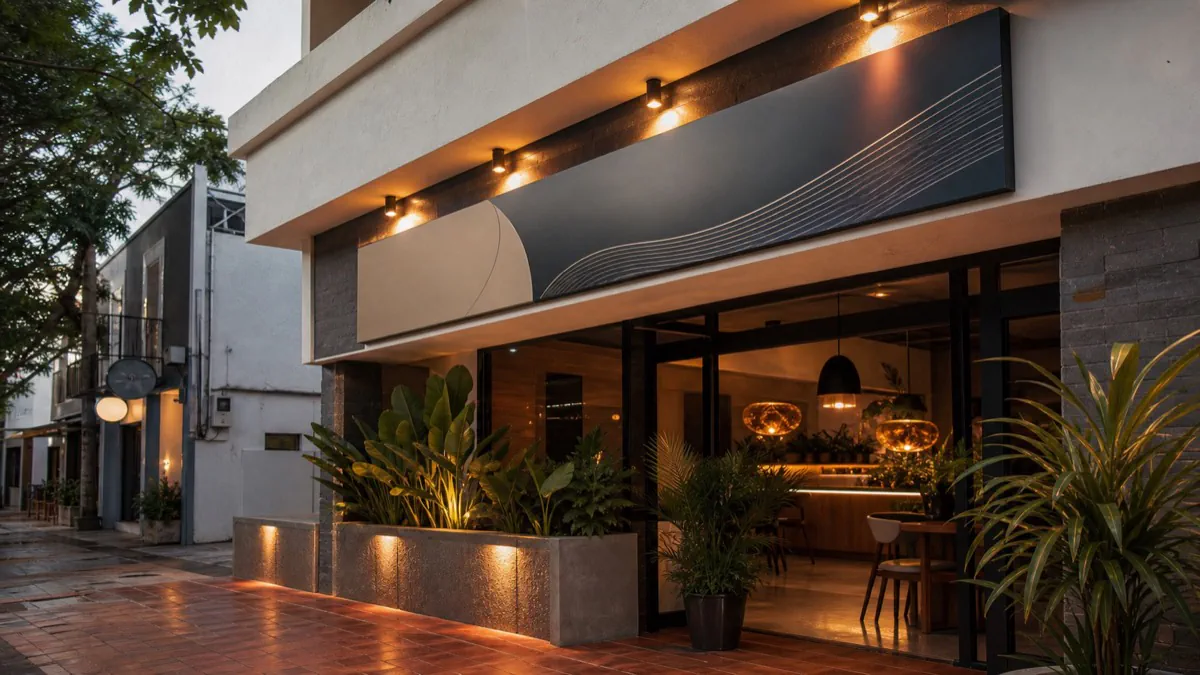 Fachada comercial con aviso visible integrado al entorno urbano